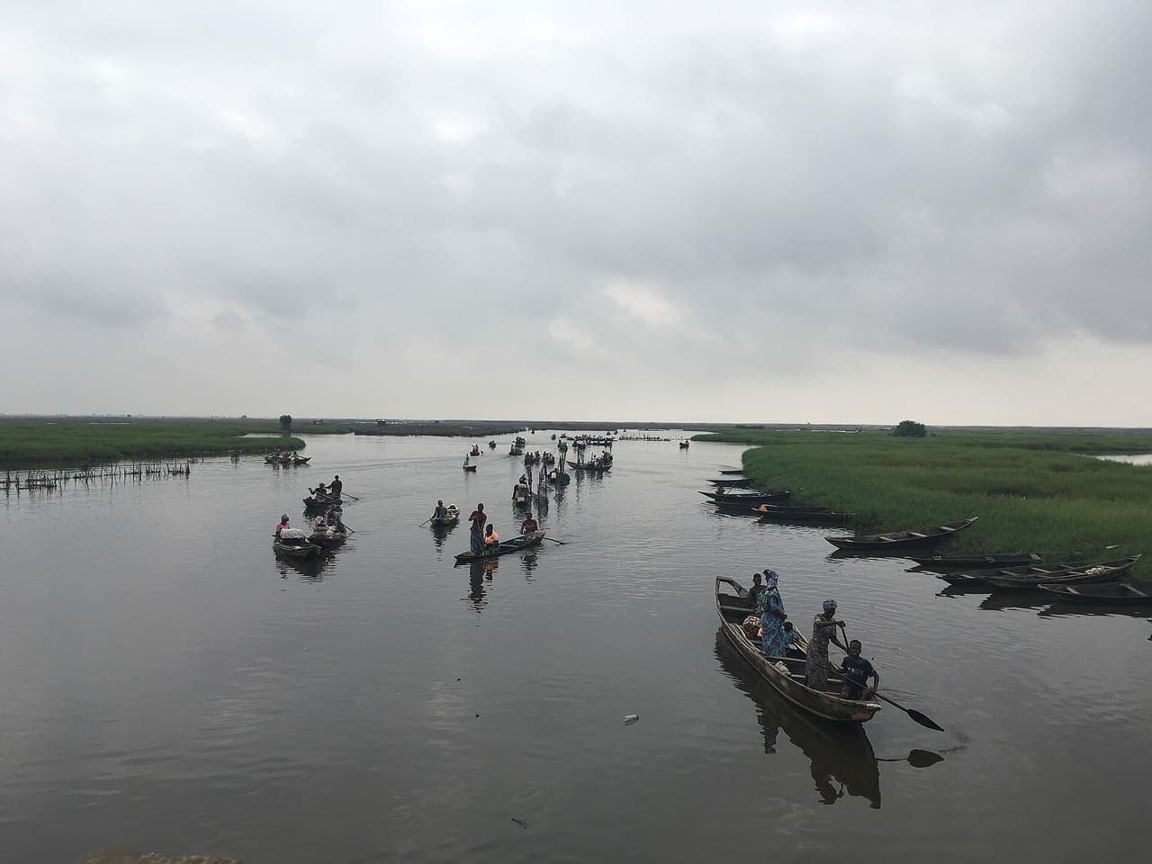 Pirogues on the waterway at Ganvie, the stilt village near Cotonou