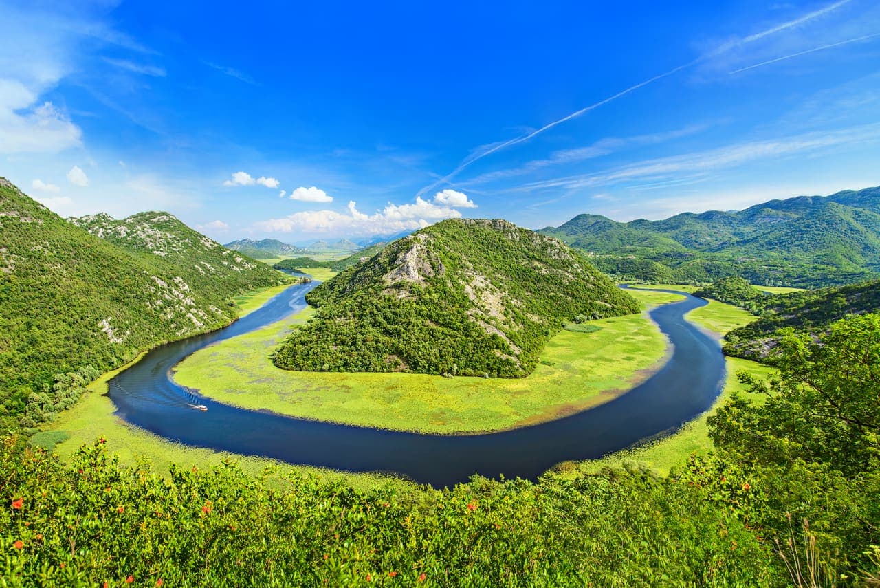 The Rijeka Crnojevica river bend near Lake Skadar in Montenegro