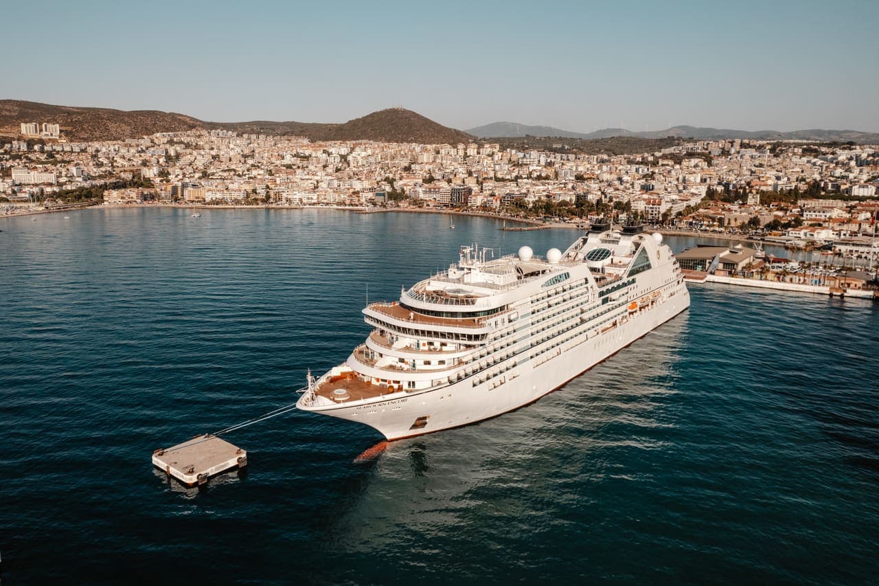 Kusadasi bay and town with a ship at anchor