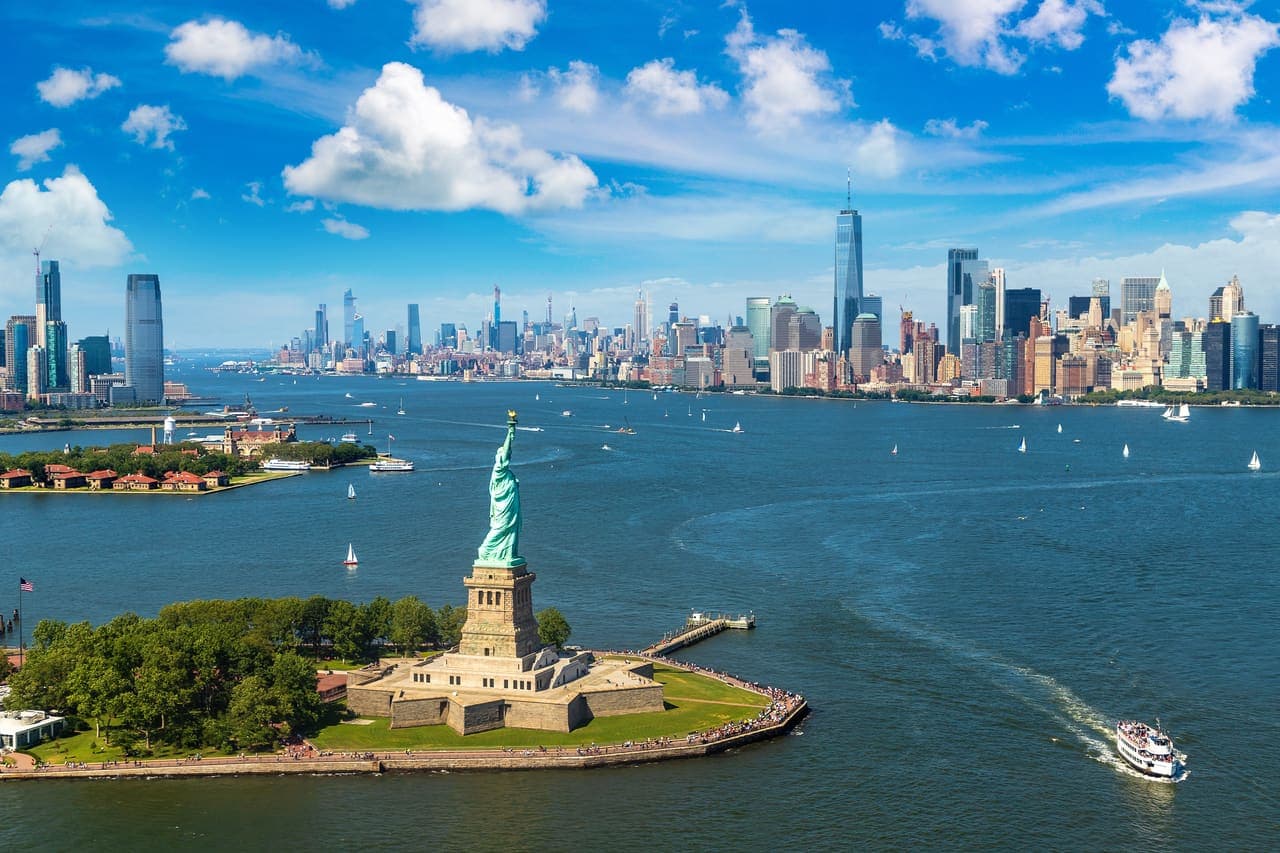 Statue of Liberty and the Manhattan skyline from the air