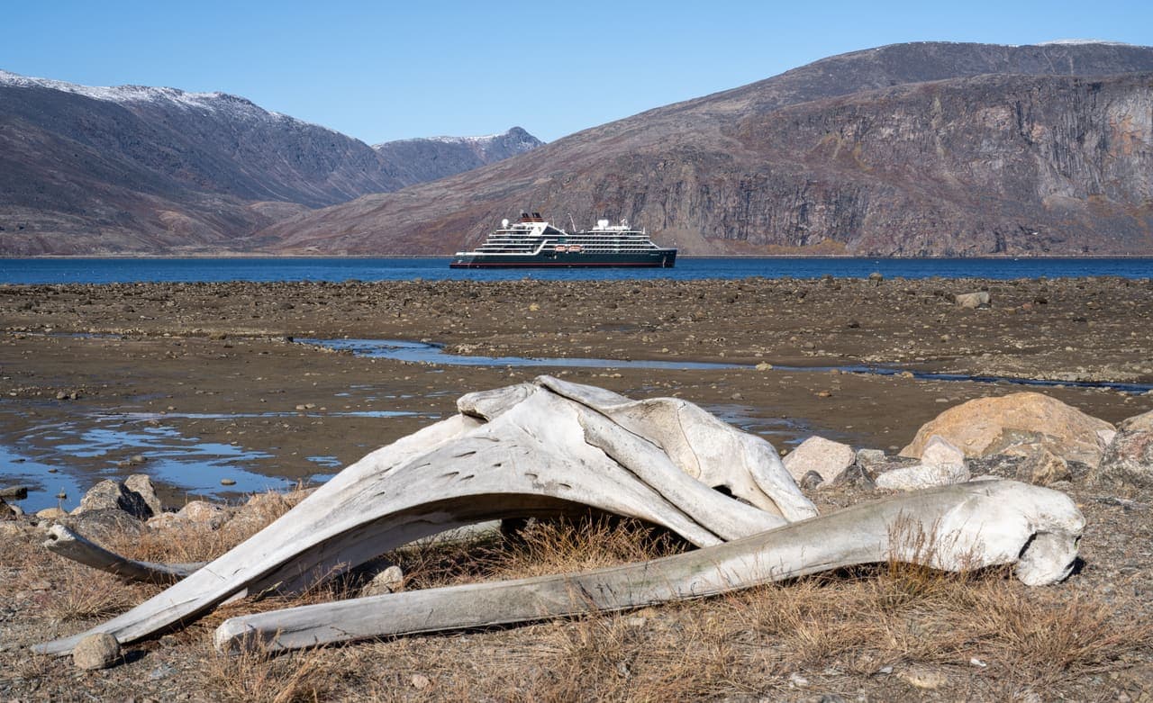 Whale bones on the shore at Pangnirtung with an expedition ship in the distance